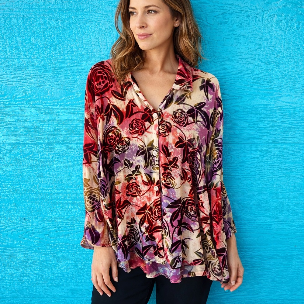 CITRON 100% SILK VELVET BURNOUT LONG SLEEVE BUTTON FRONT BLOUSE SIZE MEDIUM
